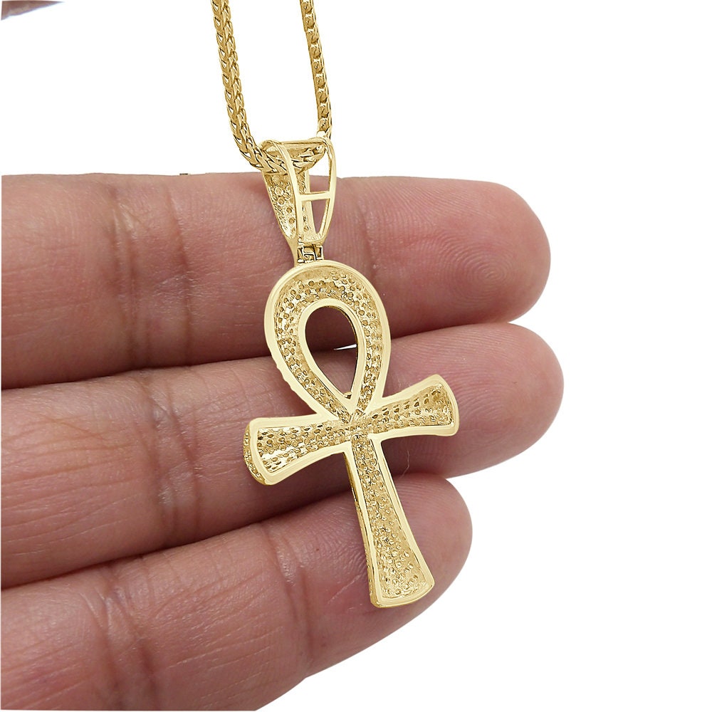 Real Genuine Diamond 1.45 Cwt. Egyptian Ankh Cross Pendant 10K Gold Finish Charm Chain Set Unisex 1.80''