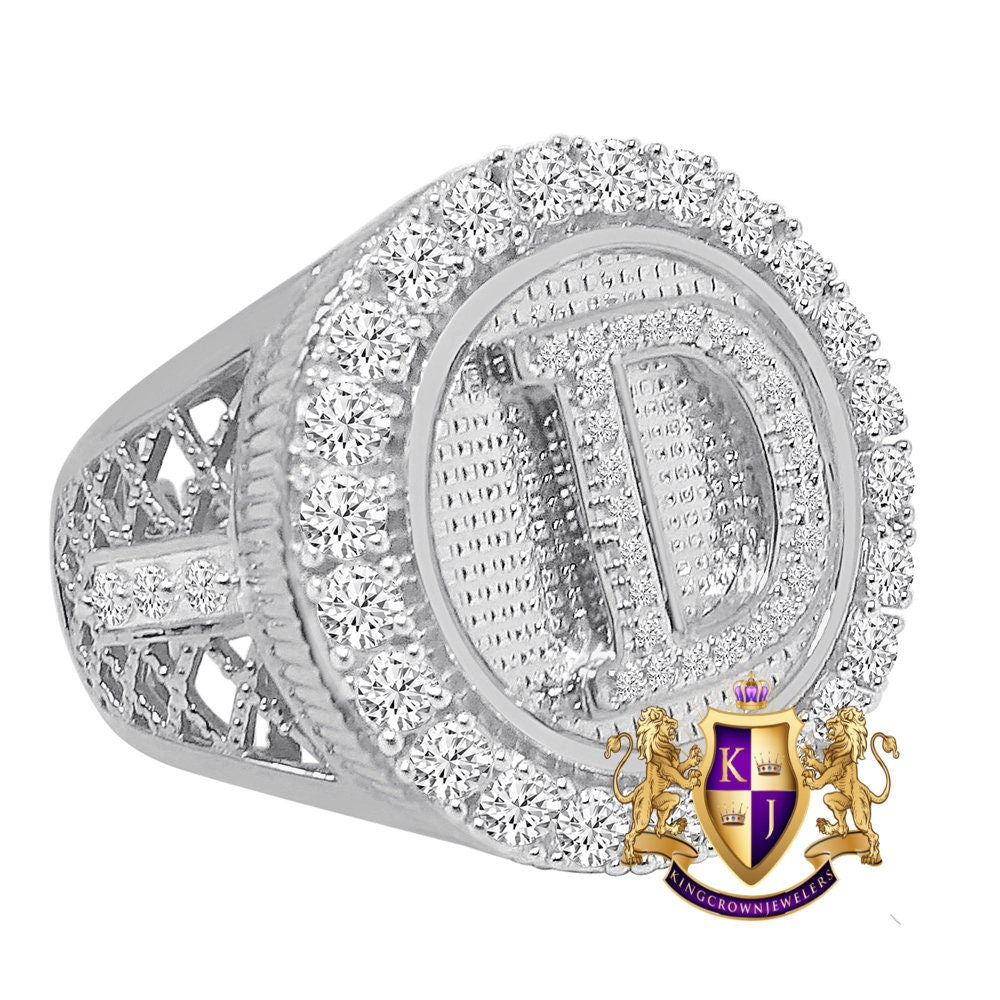 Men's Big Bold 14K White Gold Over Real Genuine Sterling Silver Simulated Diamond Initial Letter Alphabet Ring Band (Adjustable 9 Up To 10 )