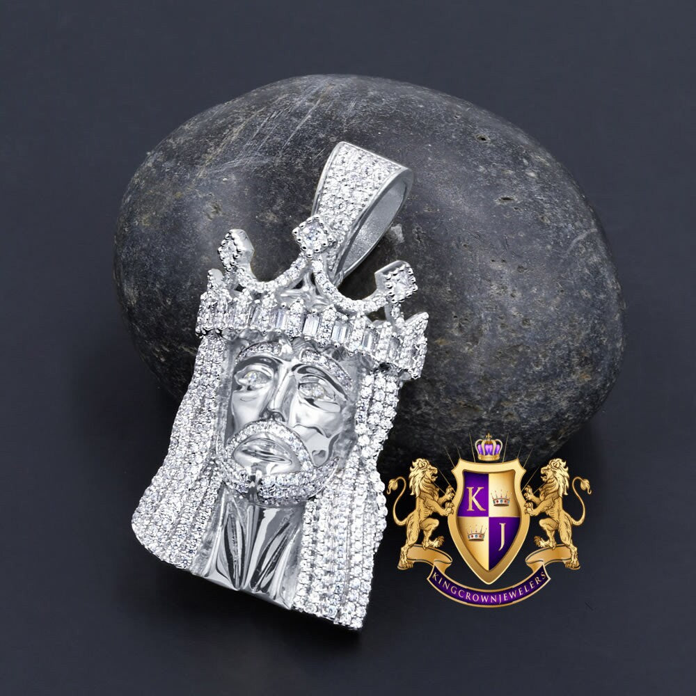 Men's 28 + Grams Real Genuine Sterling Silver 14K Gold Over Simulated Diamond Jesus Face Piece Crown Charm Pendent 2.25''