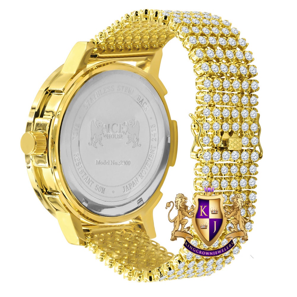 Custom Time Piece Men's Watch XL 55mm W/Date Multi Rainbow Gold Tone Prong Set Real Diamond Dial