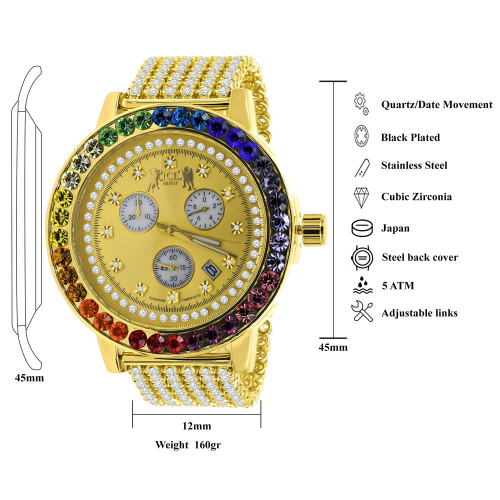 Real Diamond Dial Men's Exclusive Custom Time Piece Multi Rainbow Gold Tone Solitaire Roman Watch XL 55mm W/Date