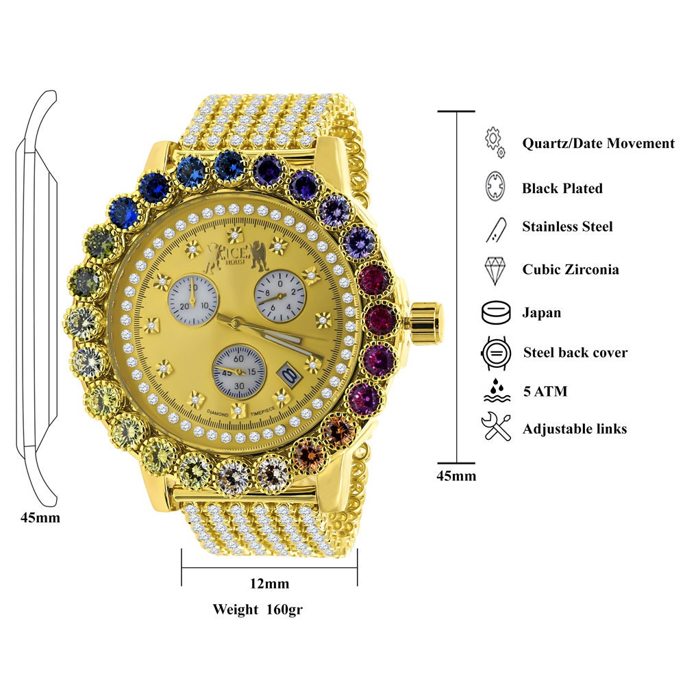 Multi Rainbow Gold Tone Prong Set Custom Time Piece Real Diamond Dial Men's Watch XL 55mm W/Date
