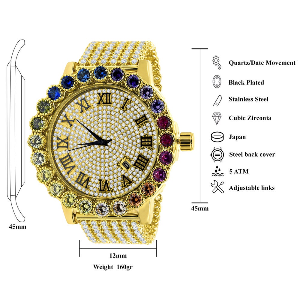 Roman Numeral Face Men's Custom Watch XL 55mm W/Date Multi Rainbow Gold Tone Simulated Diamond Prong Set