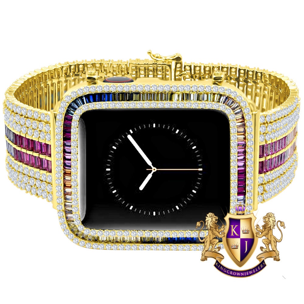 Multi Rainbow Gold Tone Baguette Simulated Diamond 12 Cwt. Apple Watch Bezel 44 mm Fit Series # 4,5,6 Custom Cover Case + Matching Band
