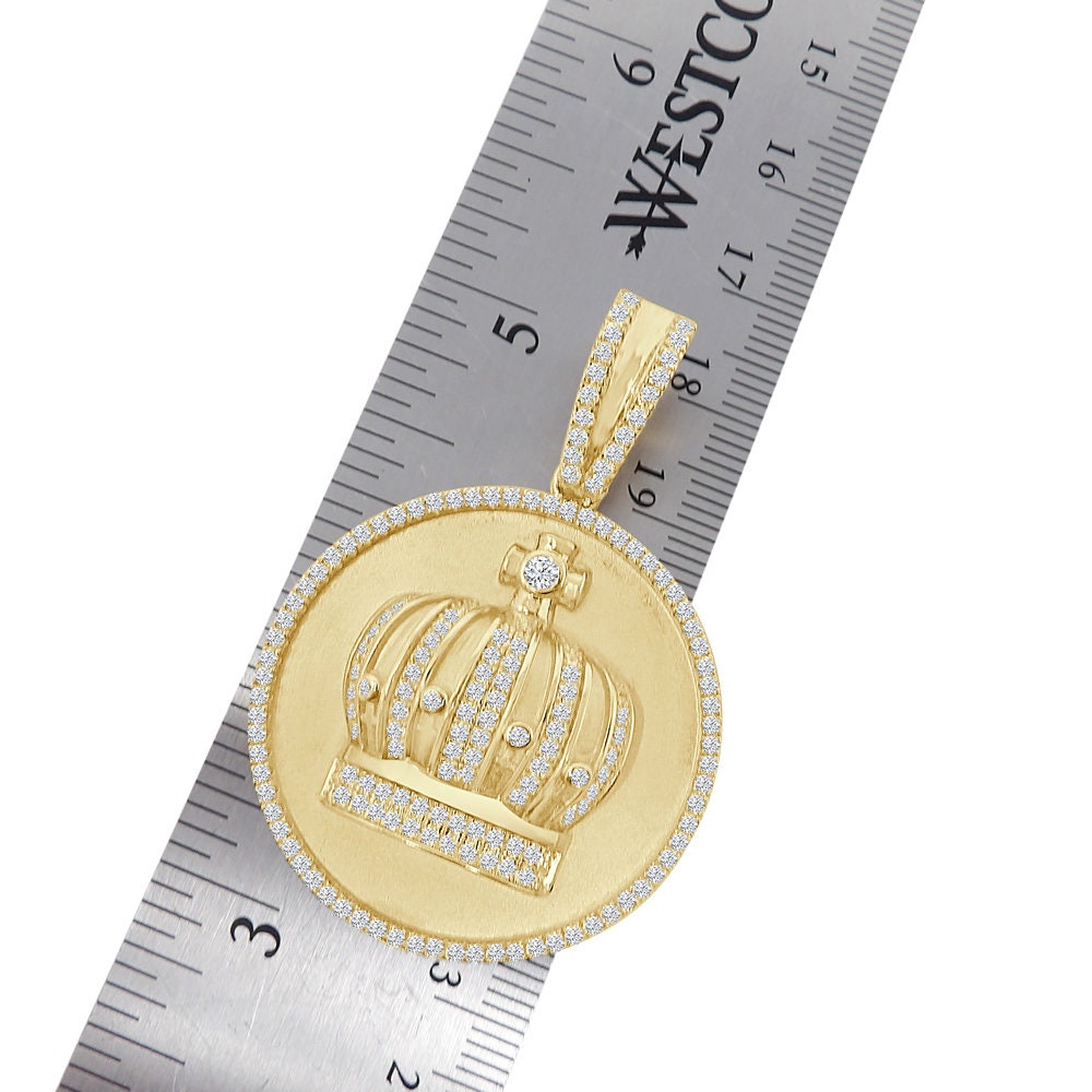 Men's Real Sterling Silver Simulated Diamond 14K Gold Over Round Medallion Kings Crown Pendent Charm 2''