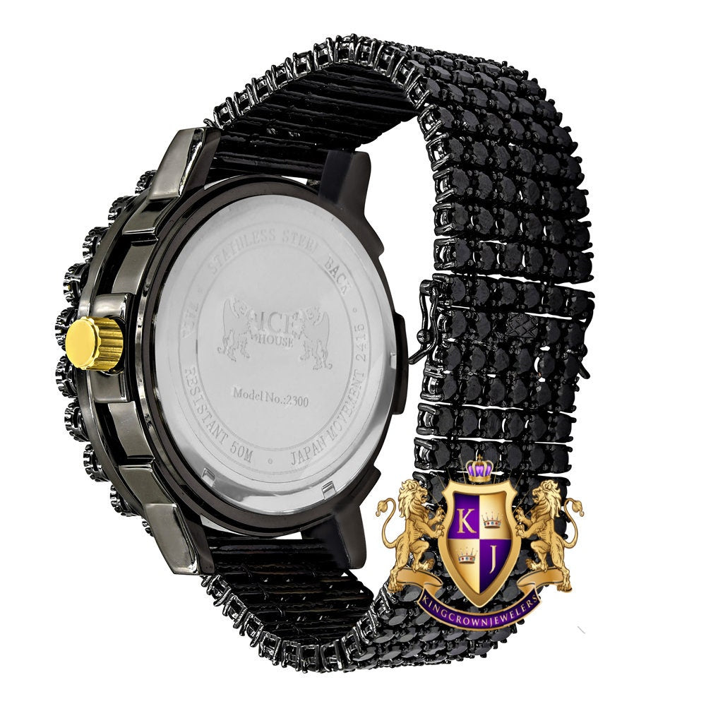 Rainbow Multi Tone Solitaire Exclusive Custom Time Piece Black Gold Finish Simulated Diamond Men's Luxury Watch XL W/Date