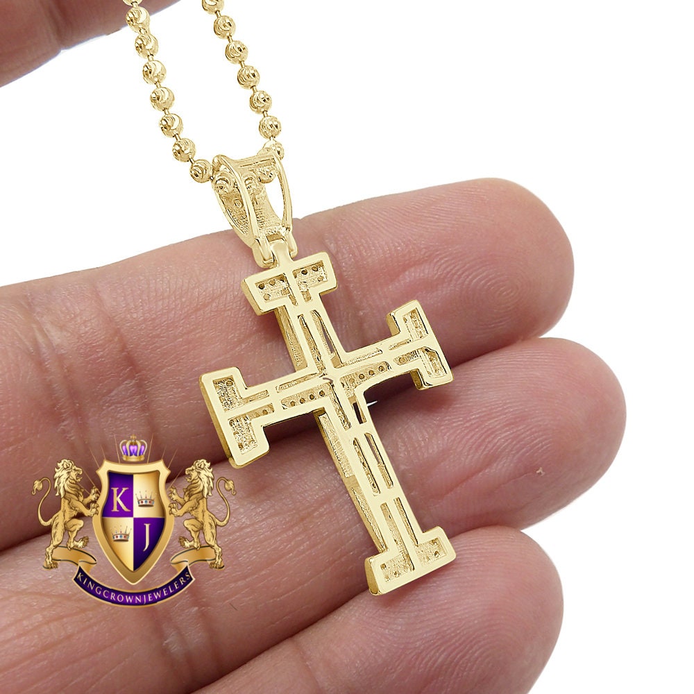 Real Genuine Authentic Diamond 0.33 Cwt. 10K Gold Over Jesus Holy Cross Piece Mini Pendant Unisex Religious Charm Chain Neckless Set 1.5''