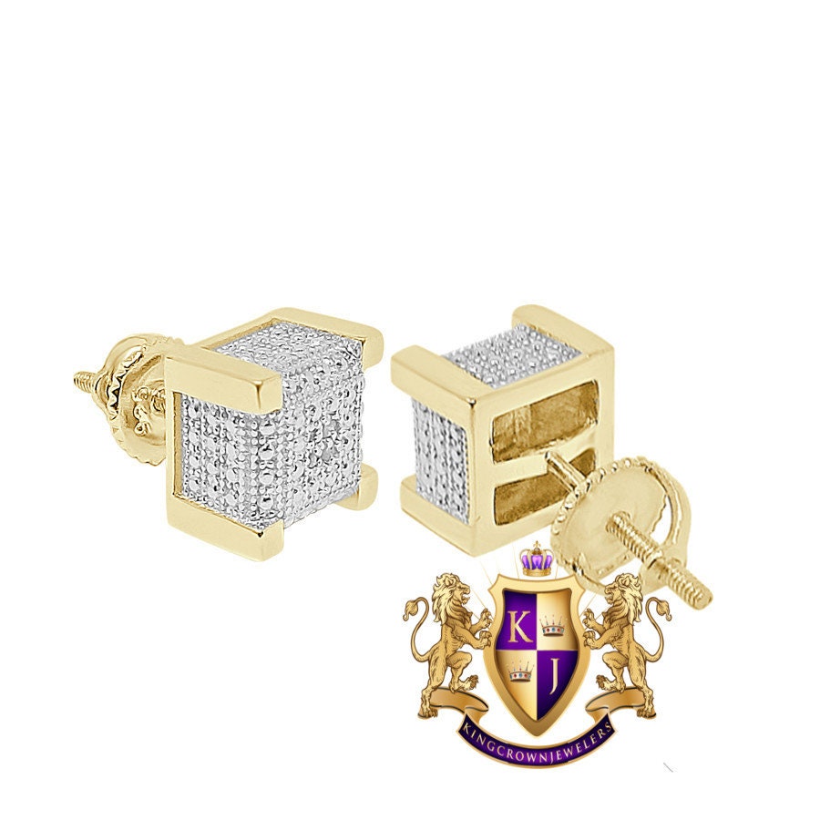 Real Genuine Diamonds 10K Gold Over Bling Square Cube Custom Screw Back Earrings Stud Small 6mm
