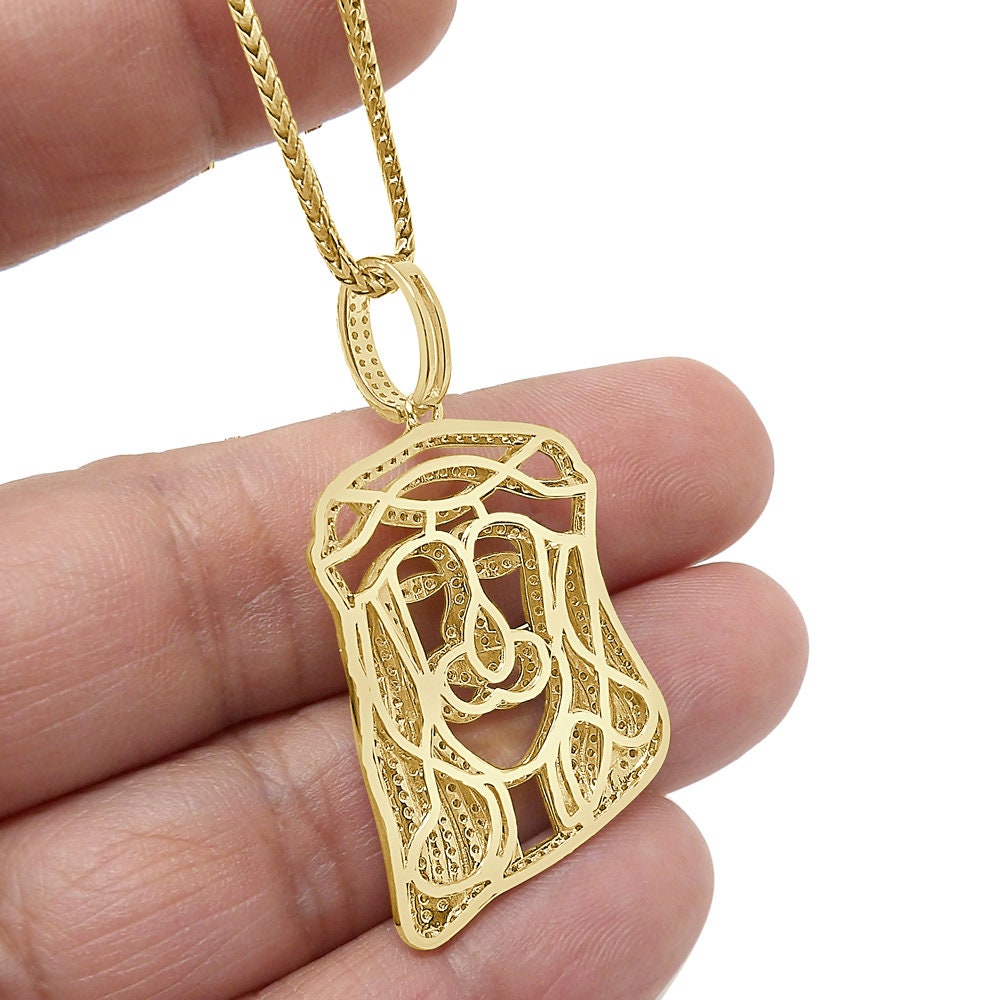 Unisex Real Genuine Sterling Silver Simulate Diamond 10K Gold Over Jesus Christ Face Piece Charm Religious Pendent 1.75''