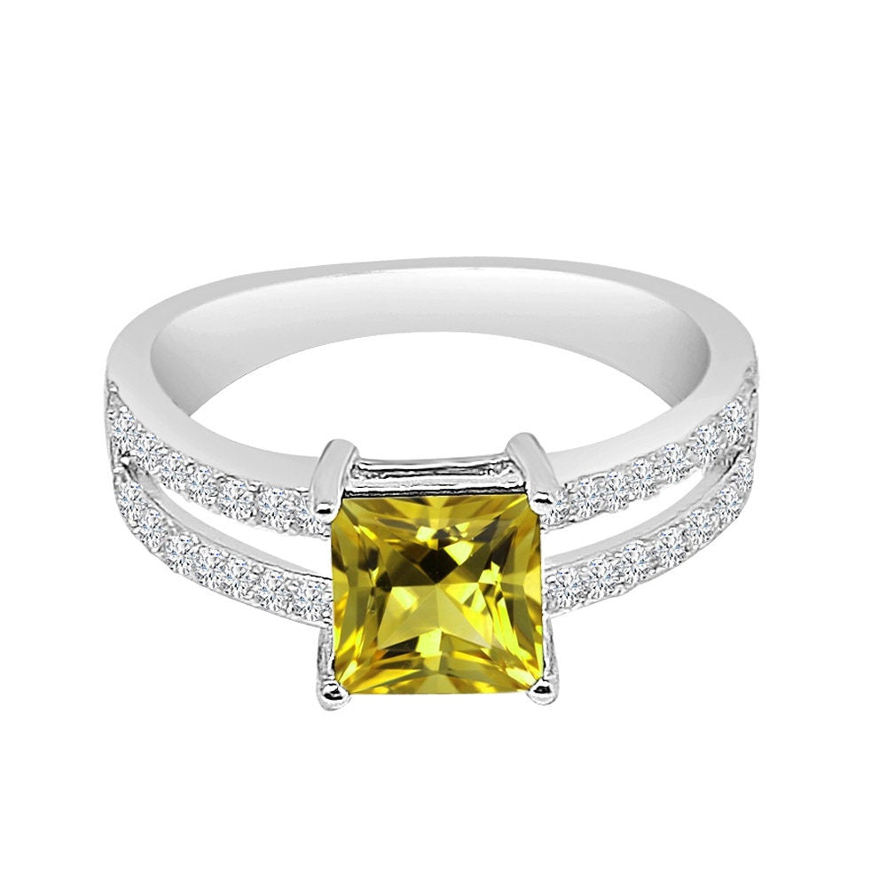 Real Sterling Silver Solitaire Citrine Yellow Zirconia 10K White Gold Over Pendent Charm Chain Neckless Earrings Ring 3 Piece Combo Set