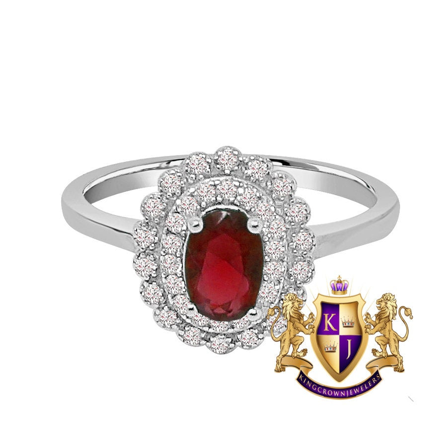 Ladies Ruby Red Real Sterling Silver 10K White Gold Over Pendent Charm Chain Neckless Earrings Ring 3 Piece Combo Set