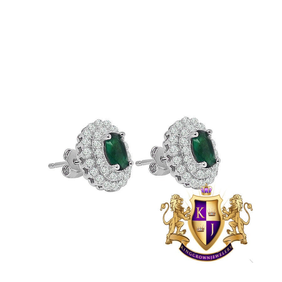 Ladies Green Emerald Real Sterling Silver 10K White Gold Over Pendent Charm Chain Neckless Earrings Ring 3 Piece Combo Set