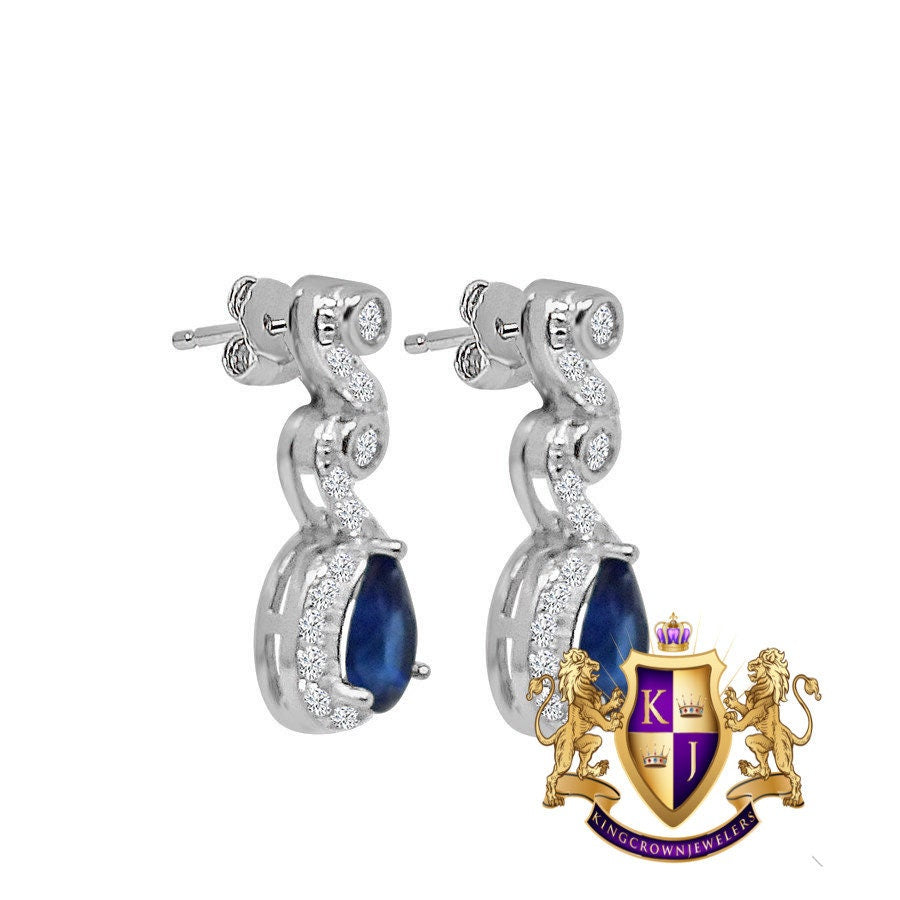 Real Sterling Silver 10K White Gold Over Sapphire Blue Ladies Pendent Charm Chain Neckless Earrings Ring 3 Piece Combo Set