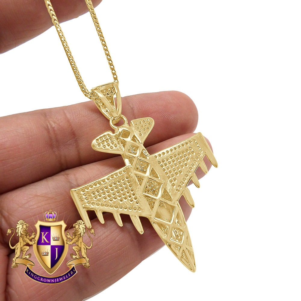 Men's 20+ Grams Real Genuine Italian Steeling Silver 2.00 Cwt. Simulated Diamond 14K Solid Gold Over Airplane Jet Pendant Charm Chain Set