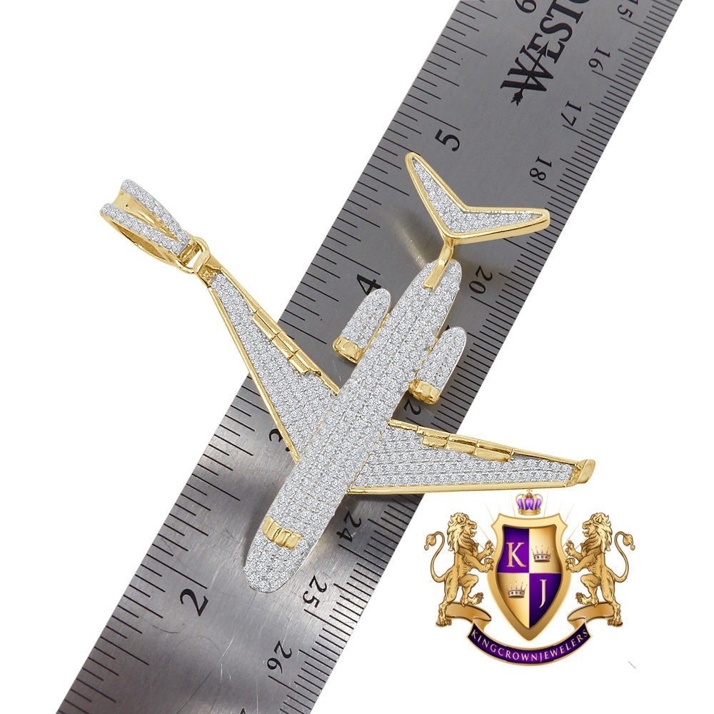20+ Grams Real Genuine Authentic Sterling Silver 2.00 Cwt. Simulated Diamond 14K Gold Over Sky Airplane Jet Custom Pendent Men's Charm Chain