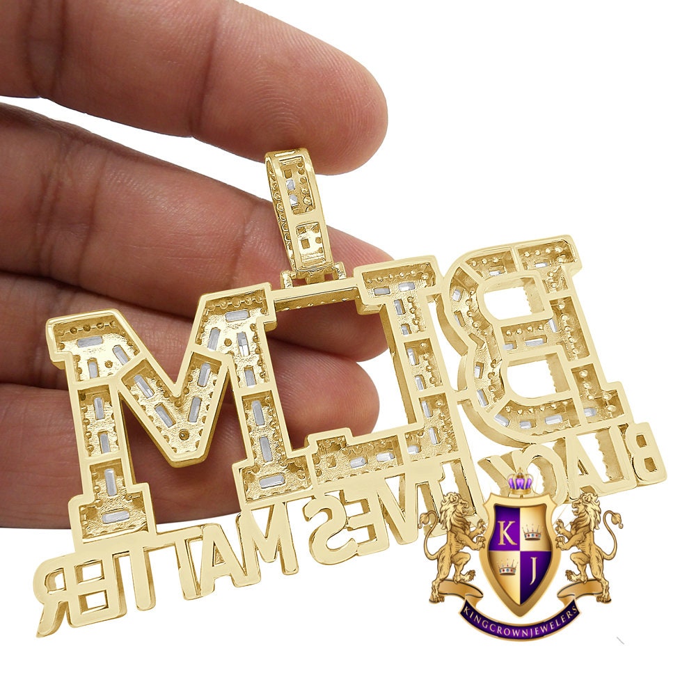 Big XL Baguette Real Yellow Gold Sterling Silver Simulated Diamond "Black Lives Matter" Custom Pendent Charm 45+ Gram