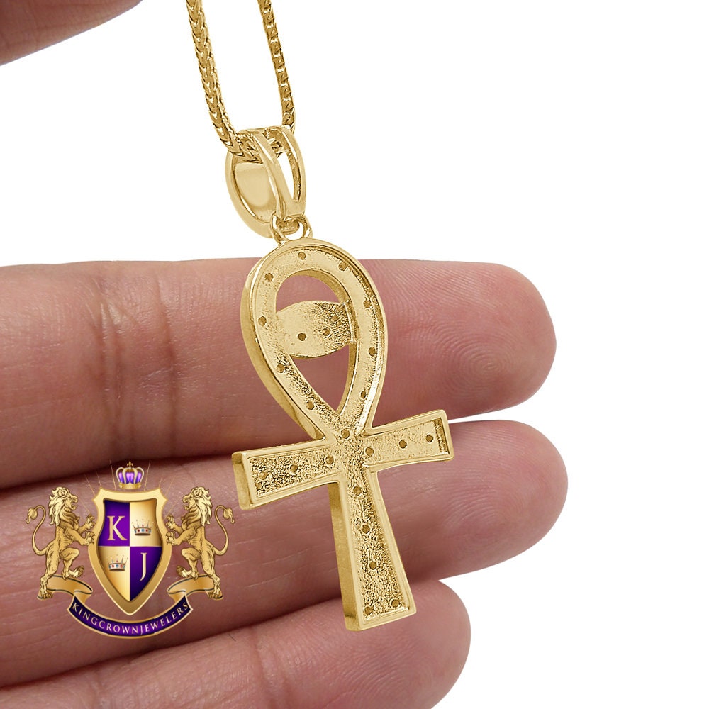 Genuine Real Authentic Diamond Egyptian Ankh Cross Evil Eye Pendent Charm Chain Set 10K Gold Finish Unisex
