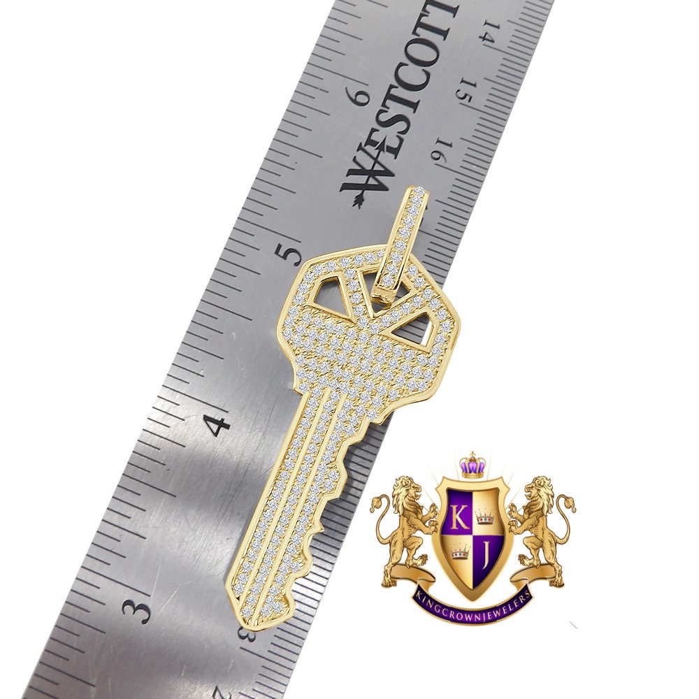 18 + Grams Men's Real Genuine Italian Sterling Silver Simulated Diamond 14K Gold Over Custom Key Padlock Pendent Charm 2.5''