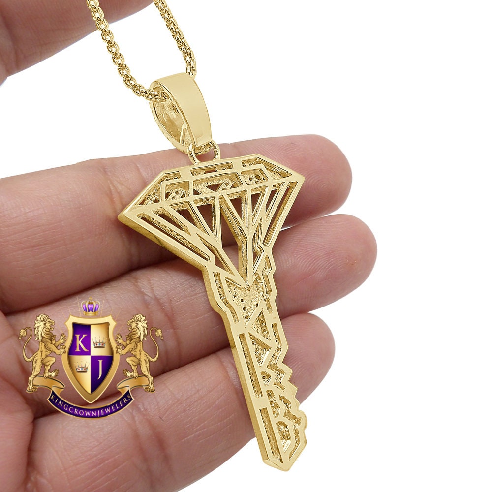 Custom City Key Pendent Padlock Charm 2.75'' Men's Authentic Real Italian Sterling Silver Simulated Diamond 14K Gold Finish