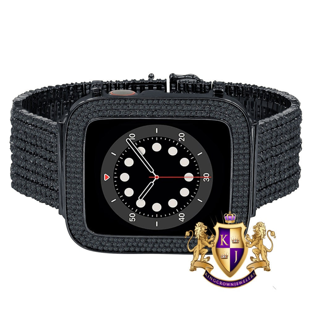 14K Black Gold Finish Micro Pave Simulated Diamond 12 Cwt. Apple Watch Bezel 44 mm Fit Series # 4,5,6 Custom Cover Case + Matching Band