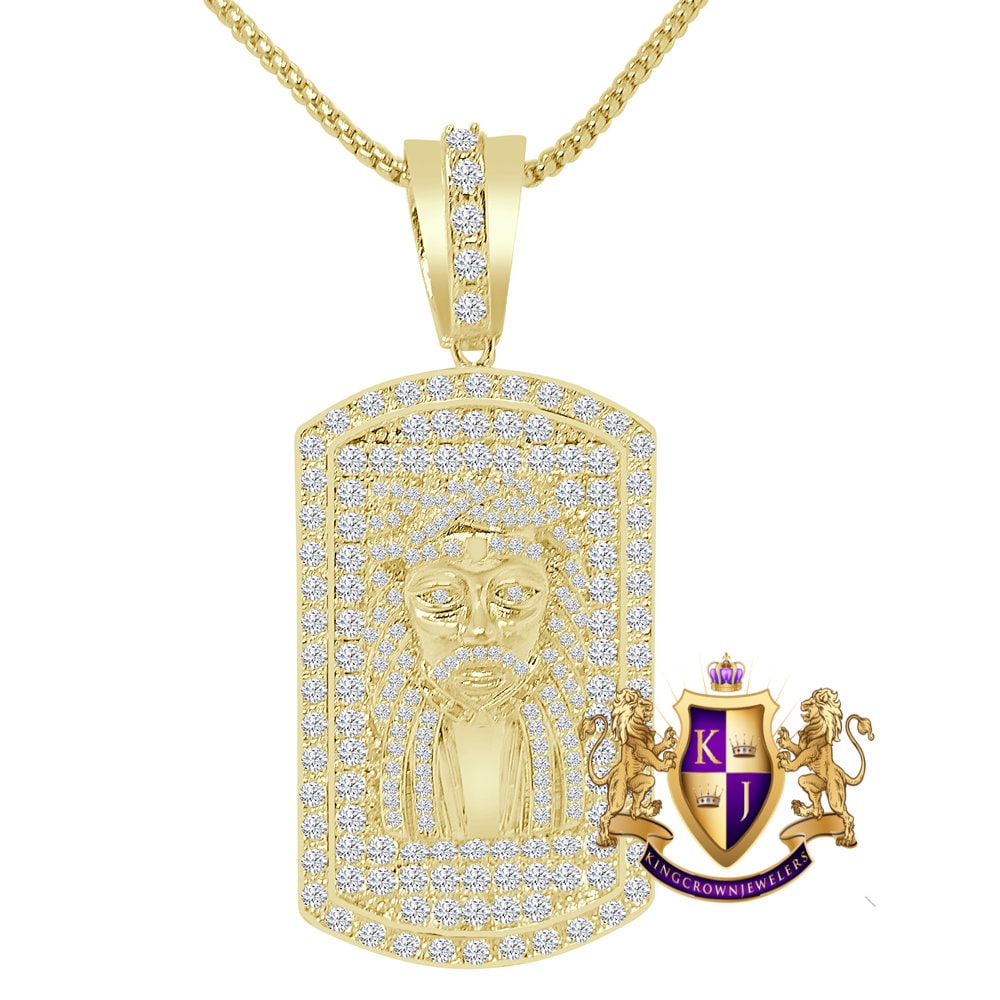 Men's Custom Dog Tag Piece 14K Yellow Gold Over Simulated Diamond Charm Pendent Chain Set