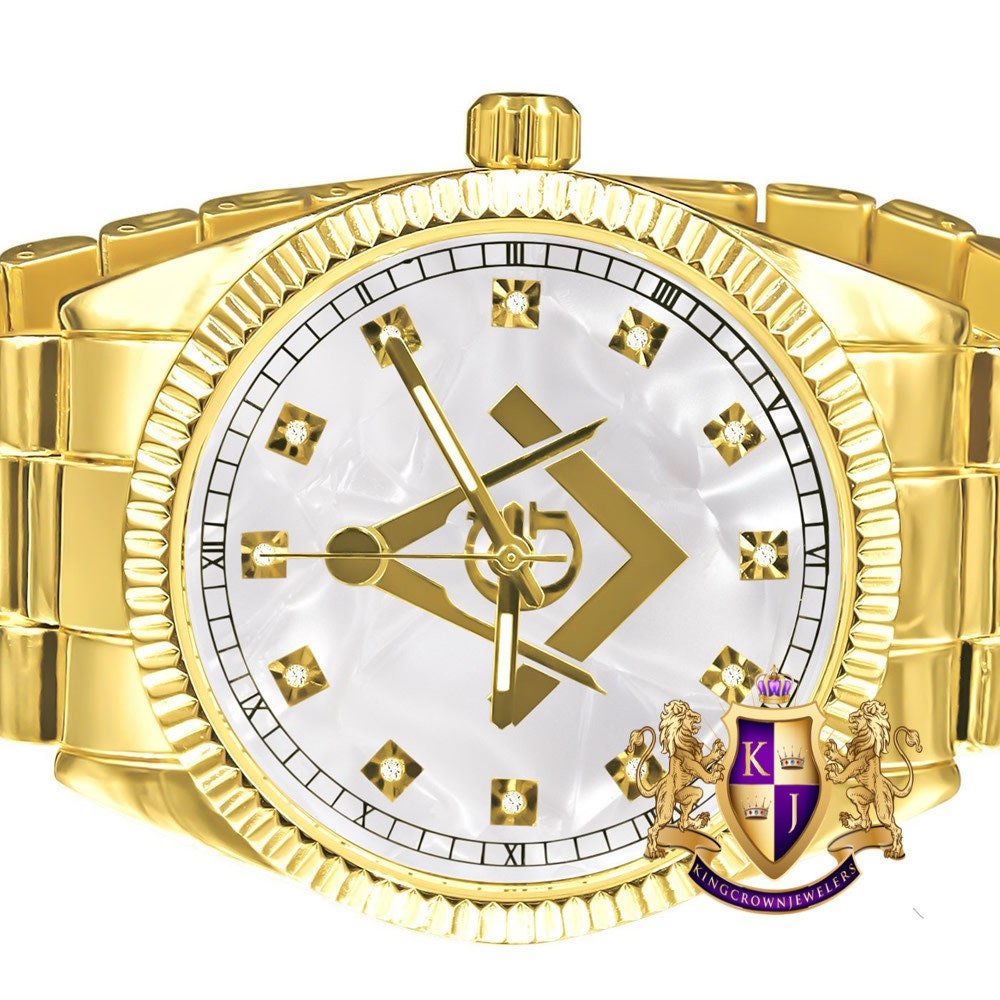 Men's Gold Finish White Dial Freemason Masonic G Compass Lab Diamond Steel Back Metal Band Watch Water Resistant 40mm