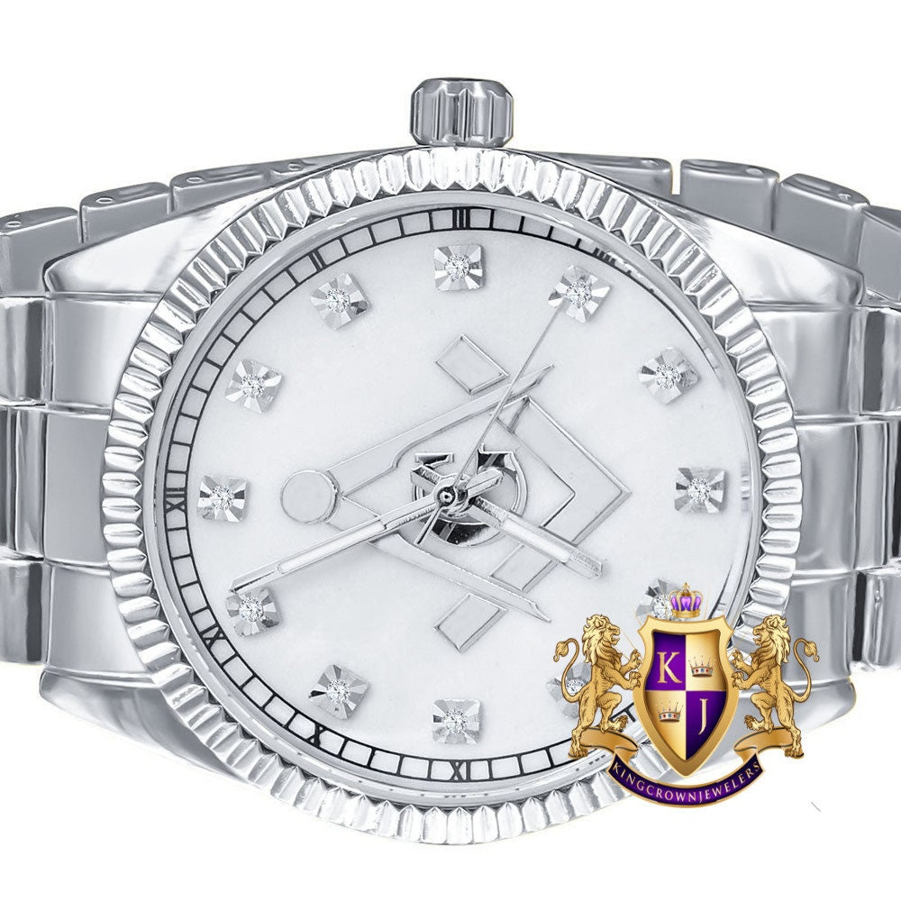Men's Silver Tone White Dial Freemason Masonic G Compass Lab Diamond Steel Back Metal Band Watch Water Resistant 40mm