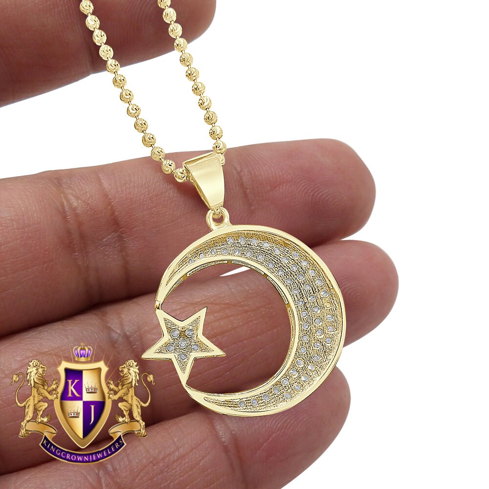 Mini 1.25 ''Real Genuine Sterling Silver Allah Muslim Islamic Crescent Moon and Star Charm Simulated Diamond Pendant Chain Set