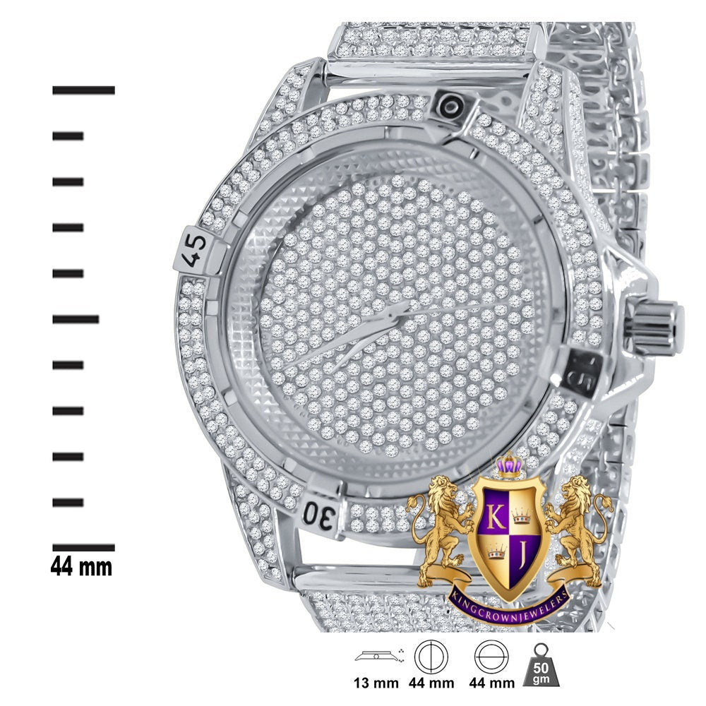 Men's Fully Iced 18k White Gold Finish Simulated Diamond 10 Row Custom Band Luxury Watch 44mm
