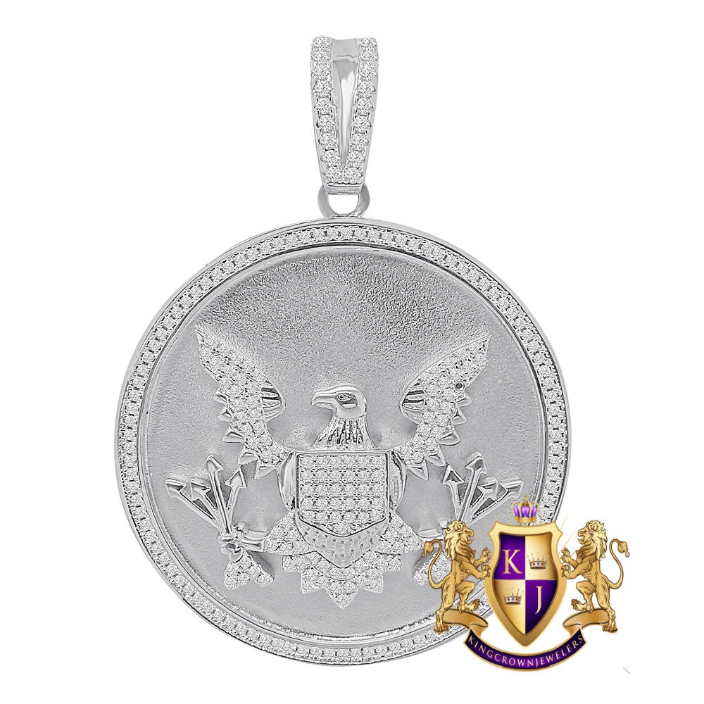 28 + Grams Real Sterling Silver Simulated Diamond Seal of US President American Eagle Pendant Charm Medallion 10K Gold Over Big XL 2.40''