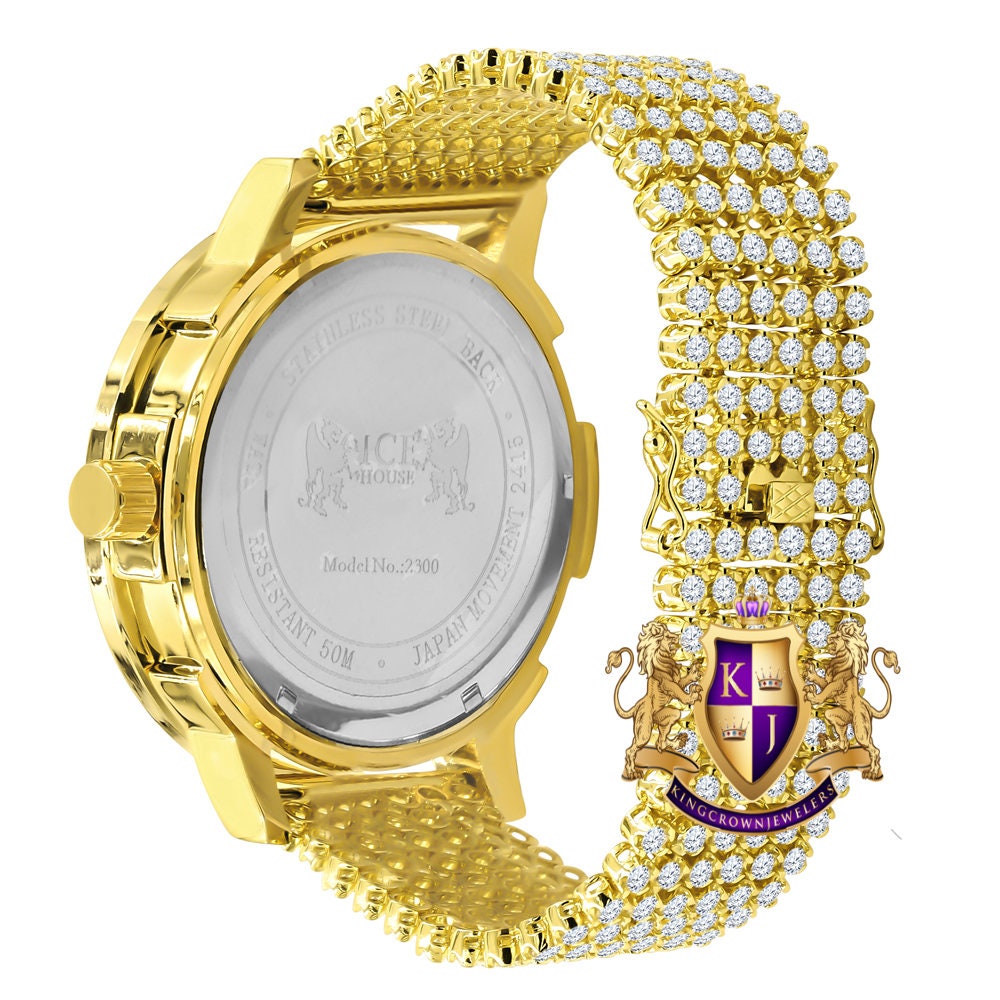 Roman Numeral Face Exclusive Custom Time Piece Multi Rainbow Gold Tone Simulated Diamond Dial Solitaire Men's Watch XL 55mm W/Date