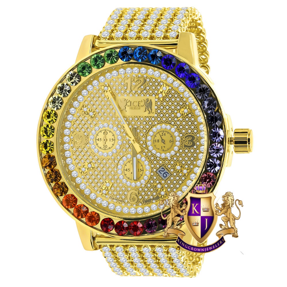 Men's Exclusive Custom Time Piece Multi Rainbow Gold Tone Real Diamond Dial Solitaire Watch XL 55mm W/Date