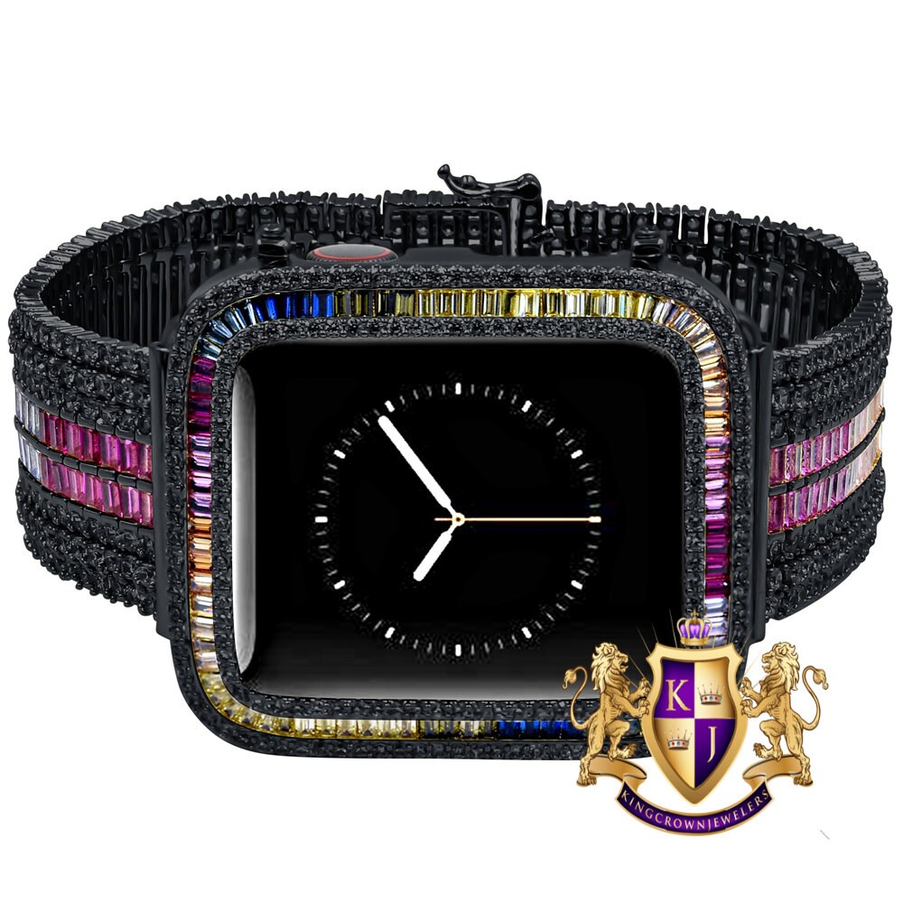 Rainbow Multi Black Tone Baguette Simulated Diamond 12 Cwt. Apple Watch Bezel 44 mm Fit Series # 4,5,6 Custom Cover Case + Matching Band