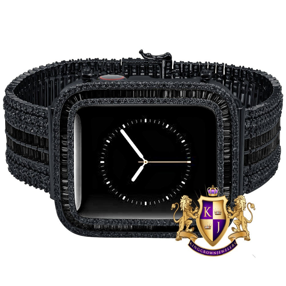 14K Black Gold Over Baguette Simulated Diamond 12 Cwt. Apple Watch Bezel 44 mm Fit Series # 4,5,6 Custom Cover Case + Matching Band