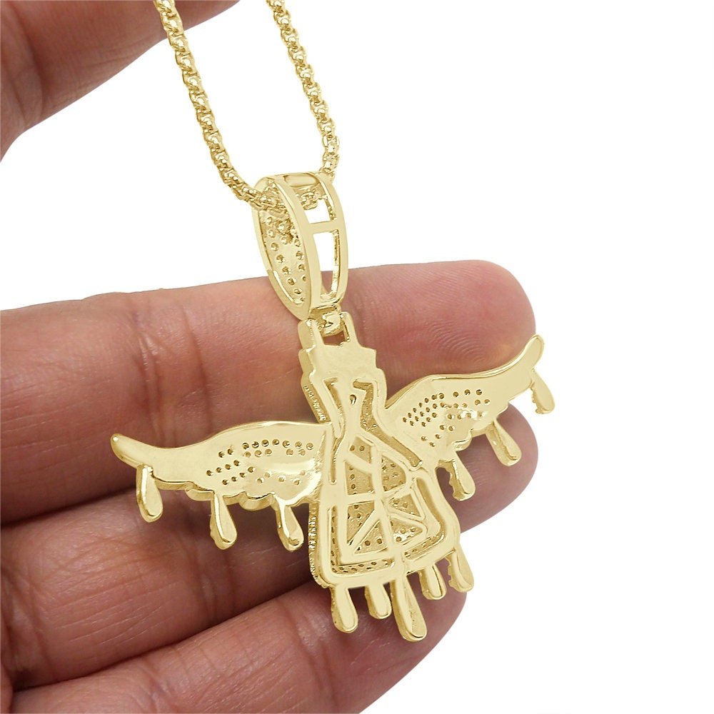 Custom Piece 14K Gold Over Simulated Diamond Flying Cash Money Dollar Bag Drip Pendant Pave Charm Chain Set 2.25''