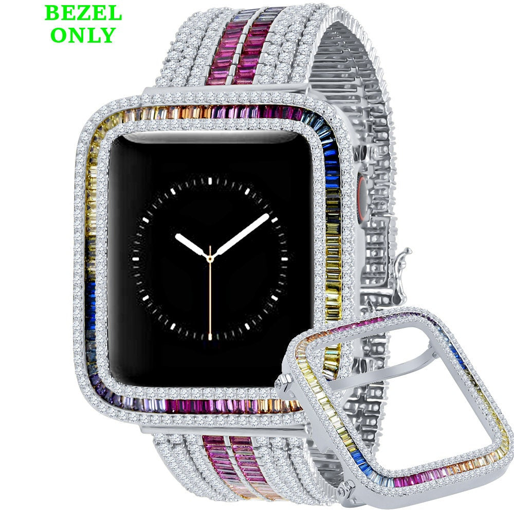 Rainbow Multi White Tone Baguette Simulated Diamond 12 Cwt. Apple Watch Bezel 44 mm Fit Series # 4,5,6 Custom Cover Case + Matching Band