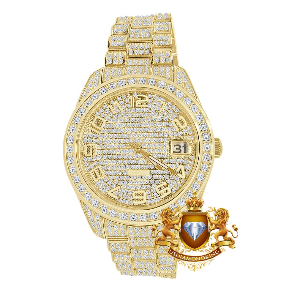 Solid Stainless Steel Solitaire Bezel 18K Yellow Gold Finish Full Iced Dial & Band Men's Simulated Diamond Watch 42mm W/Date