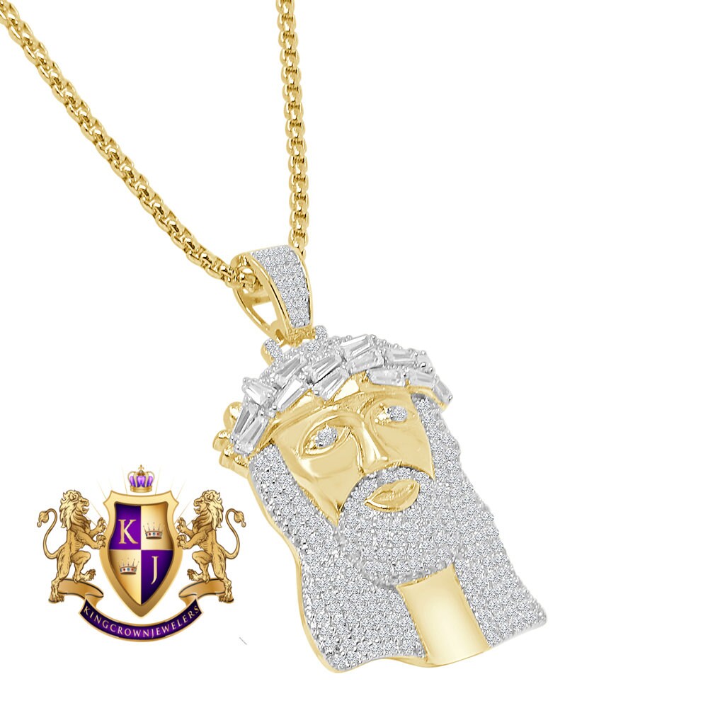 Baguette Real Genuine Sterling Silver Simulate Diamond 10K Gold Over Jesus Christ Face Piece Charm Religious Pendent 1.80''