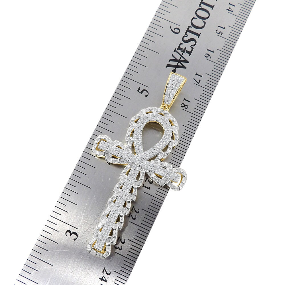 Real Genuine Sterling Silver 2.00 Cwt. Simulate Diamond 14K Gold Finish Egyptian Ankh Cross Unisex Charm Pendant Chain Neckless Set 2.40''