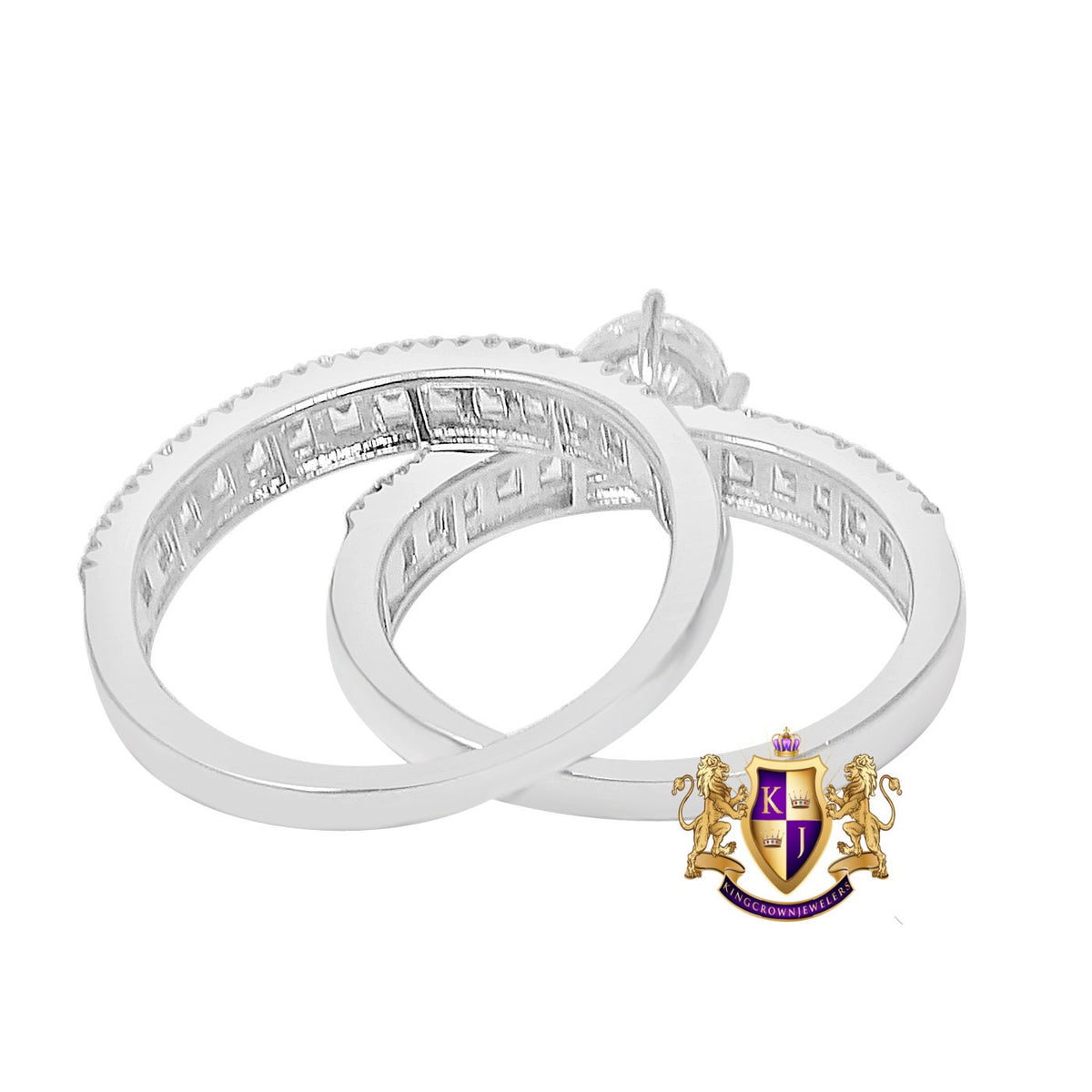 3 Cwt. Baguette/Round Cut Simulated Diamond 14K White Gold On Genuine Italian Silver Ladies Bridal Wedding Engagement 2 Piece Rings Set