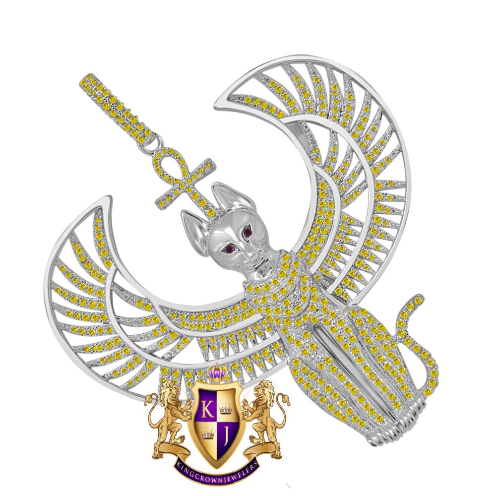Real Genuine Sterling Silver 14K White Gold Finish Anubis Egyptian God Ankh Cross Pharaoh Custom Charm Pendent 35 + Grams Big 3''