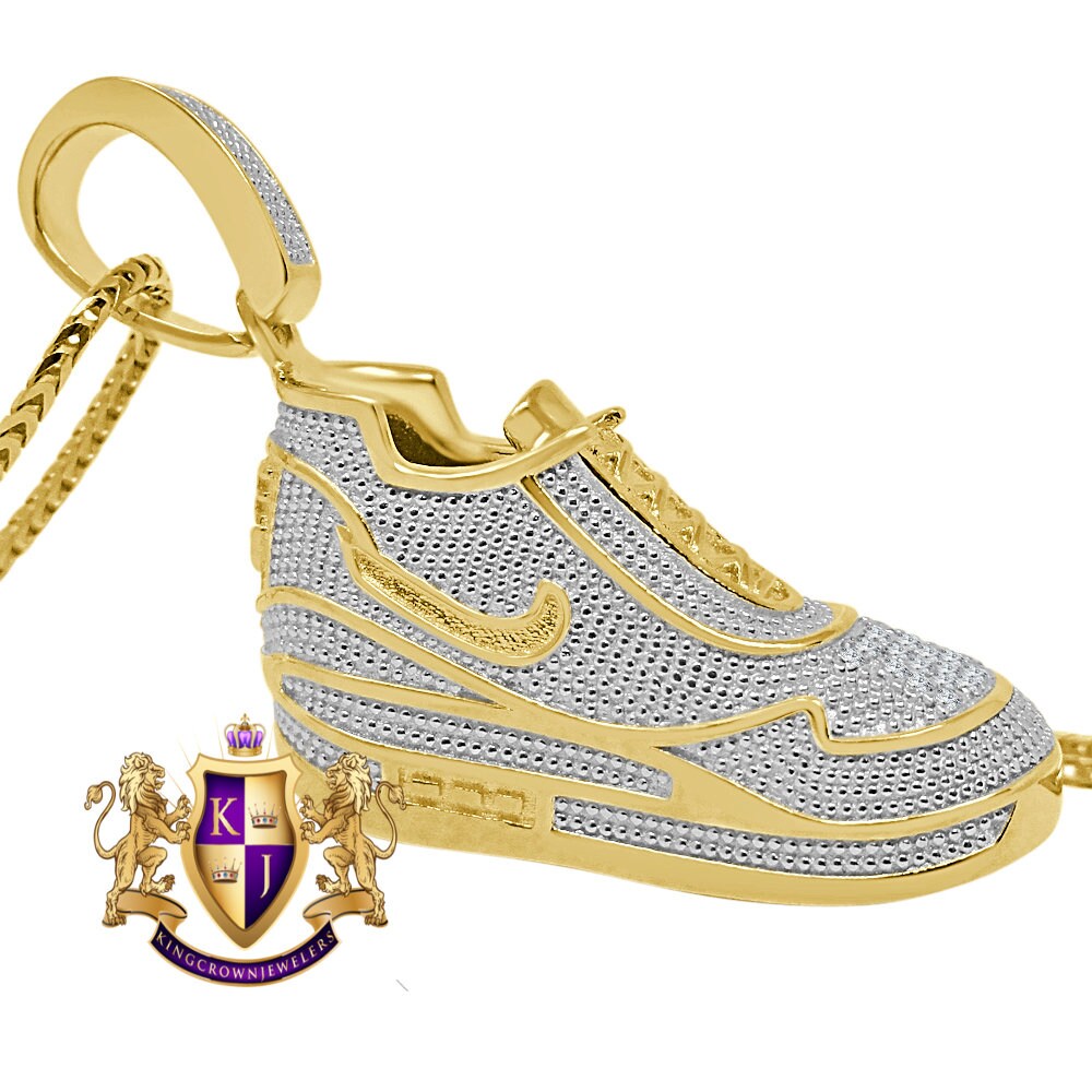 Real Genuine Authentic Diamond 0.33 Cwt. 31+ Grams Designer Shoe Pendant Sneaker 10K Gold Over Unisex Custom Charm Chain Neckless Set 2.10''