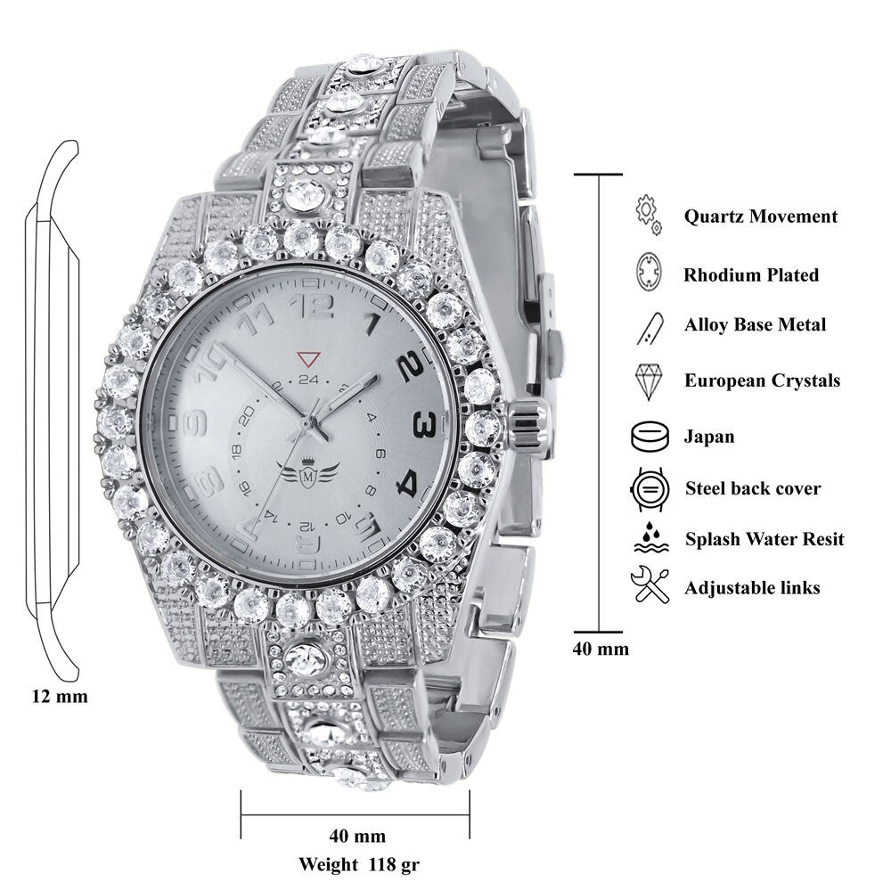 Solitaire 14K White Gold Tone Simulated Diamond Water Resistance Steel Back Metal Band Watch 40mm