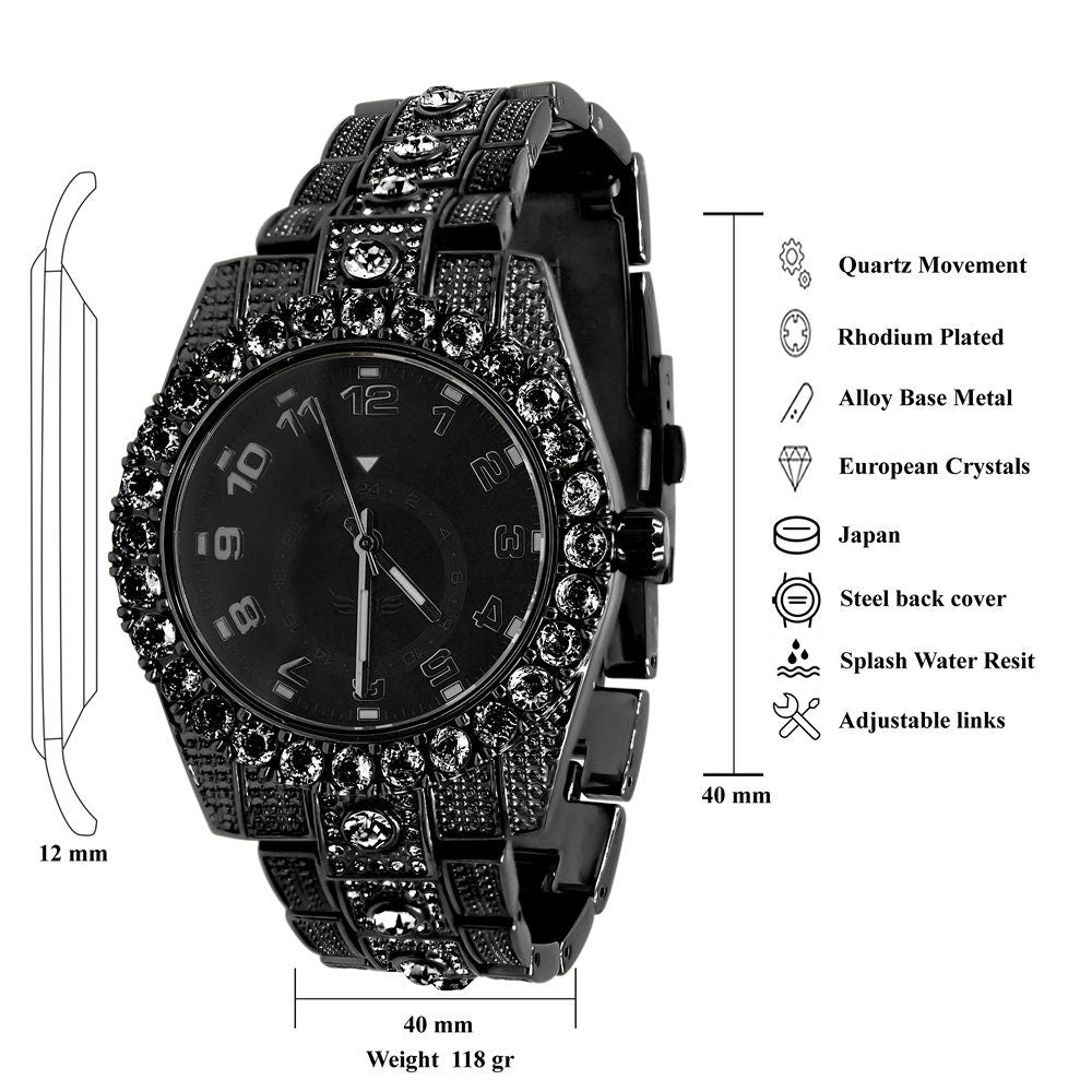 Solitaire 14K Black Gold Tone Simulated Diamond Water Resistance Steel Back Metal Band Watch 40mm