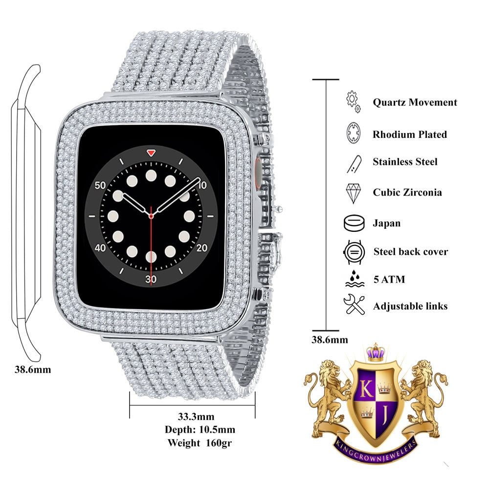 14K White Gold Finish Micro Pave Simulated Diamond 12 Cwt. Apple Watch Bezel 44 mm Fit Series # 4,5,6 Custom Cover Case + Matching Band