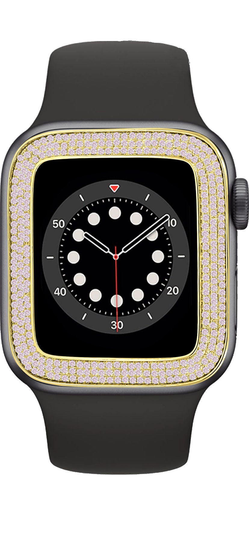 Soft Baby Pink Gold Tone Micro Pave Simulated Diamond 12 Cwt. Apple Watch Bezel 44 mm Fit Series # 4,5,6 Custom Cover Case + Matching Band