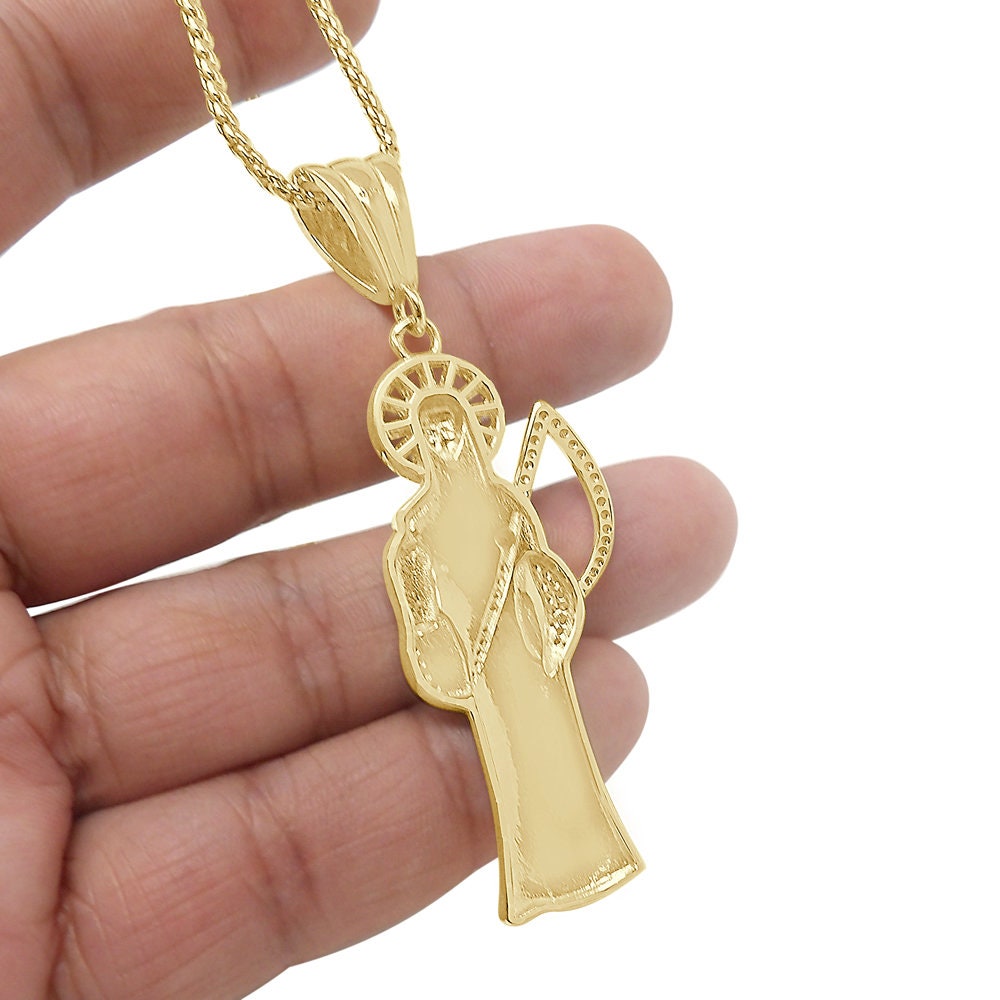 20 + Grams Big 2.85'' Real Sterling Silver 14K Gold Over Simulated Diamond Santa Muerte Grim Reaper Angel of Death Pendent Charm Chain Set