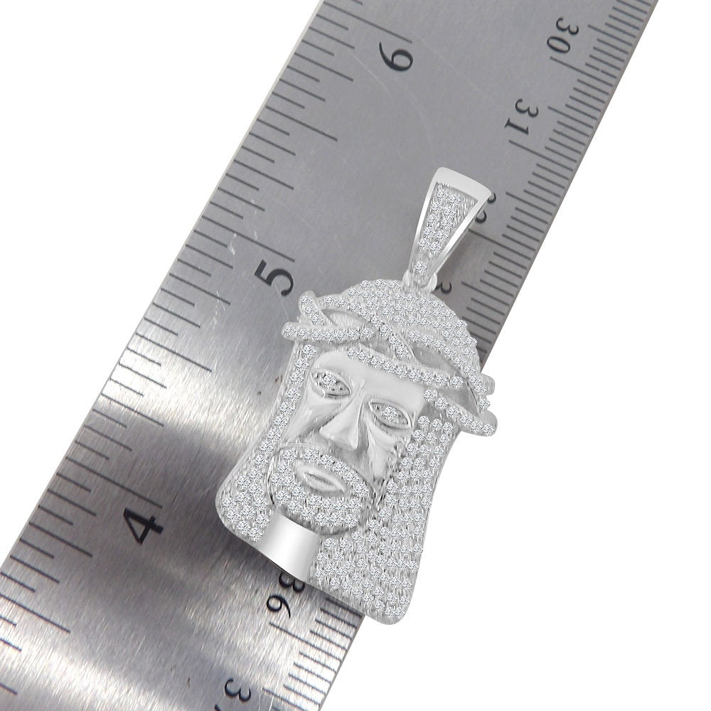 Men's Real Sterling Silver Simulated Diamond 14K White Gold Over Jesus Face Piece Charm Pendent Chain Set