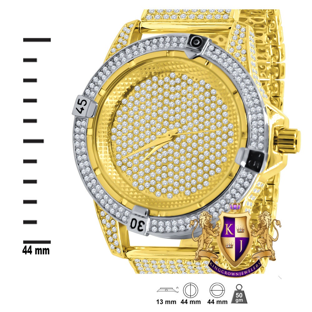 Men's Fully Iced 18k 2 Tone Gold Finish Simulated Diamond 10 Row Custom Band Luxury Watch 44mm