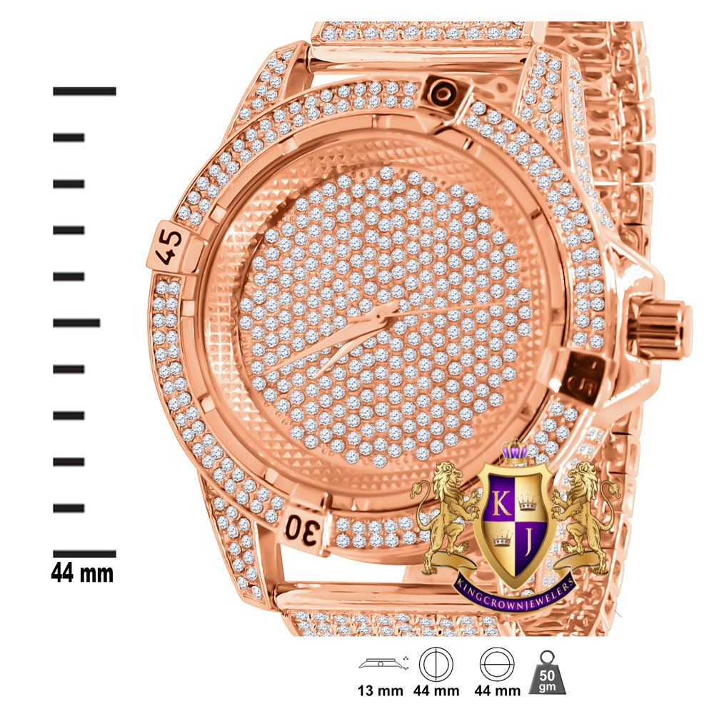 Men's Fully Iced 18k Rose Gold Finish Simulated Diamond 10 Row Custom Band Luxury Watch 44mm